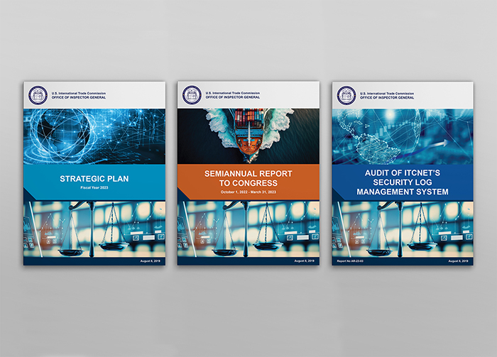 Series of three report template covers with trade, shipping, and communications images.